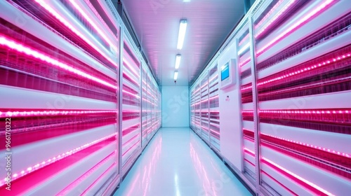 Cold storage unit with glowing LED lights, emphasizing energy efficiency in temperature control