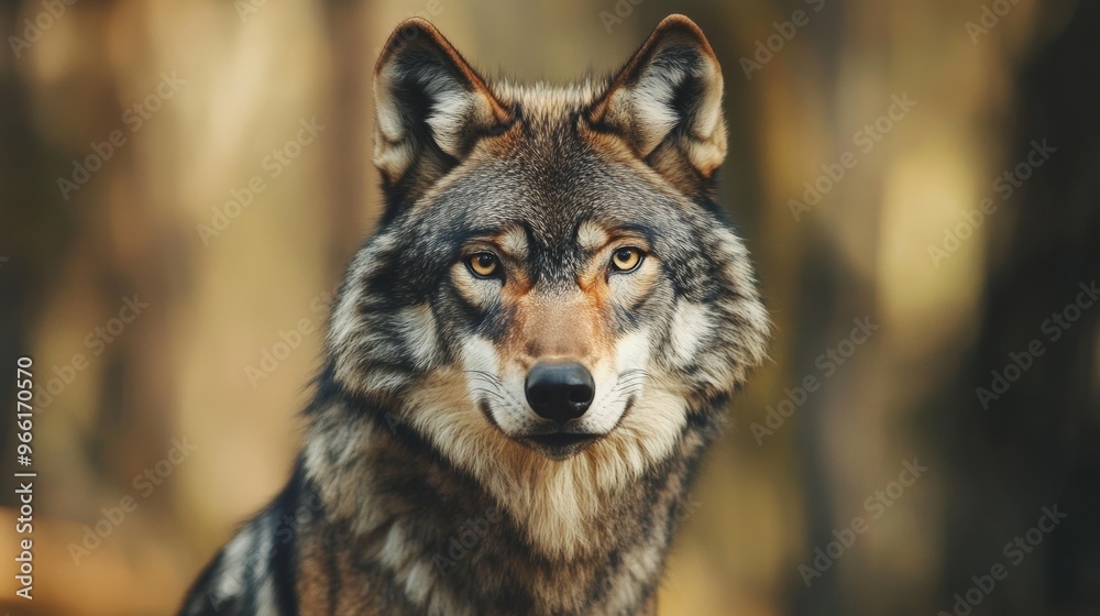 Wolf staring intently in forest, close-up portrait. Wildlife and nature observation concept Wolf staring intently in forest, close-up portrait. Wildlife and nature observation concept
