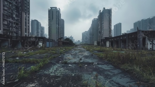 postapocalyptic cityscape with crumbling skyscrapers and overgrown ruins destroyed roads and toppled buildings create haunting urban wasteland shrouded in atmospheric haze and muted colors photo