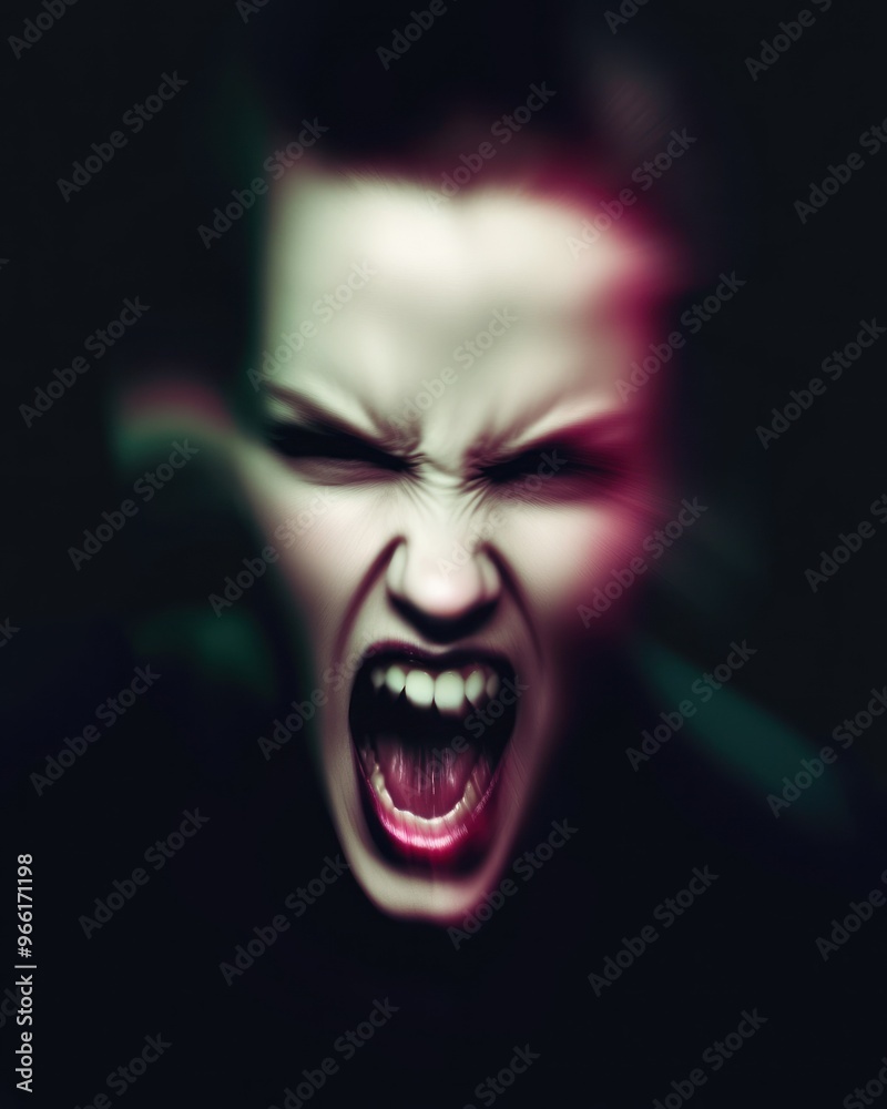 Blurred screaming face illuminated against dark void Blurred screaming face illuminated against dark void
