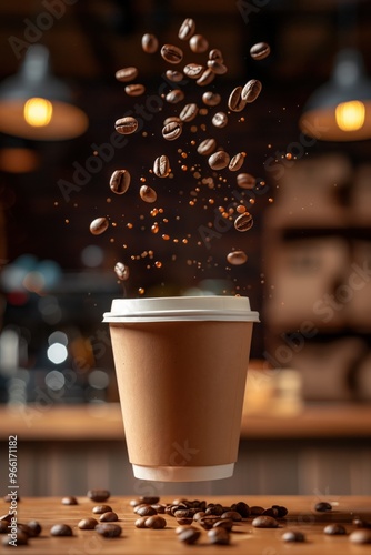 A coffee cup with coffee spilling out of it and coffee beans on the table