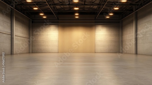 Empty warehouse space with dramatic lighting, showcasing a minimalist approach