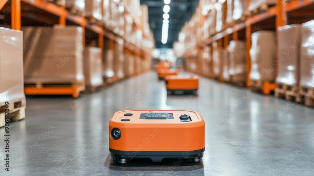 Floor view of automated warehouse robots maneuvering seamlessly, demonstrating precision and efficiency Floor view of automated warehouse robots maneuvering seamlessly, demonstrating precision and efficiency