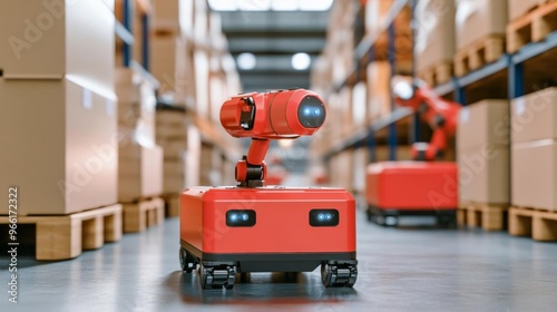 Floor view of automated warehouse robots maneuvering seamlessly, demonstrating precision and efficiency