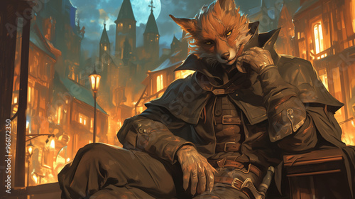 fox beastfolk rogue lounging confidently under a streetlamp in a medieval city with glowing windows and tall spires under the moonlight