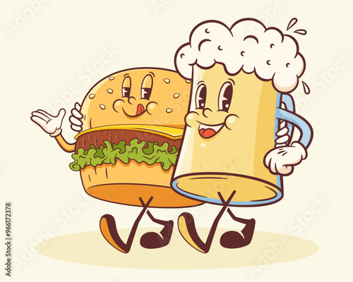 Groovy Burger and Beer Retro Character Illustration. Cartoon Hamburger and Glass Mug Walking Smiling Vector Food Mascot Template Happy Vintage Cool Fast Food Rubber Hose Style Drawing Isolated