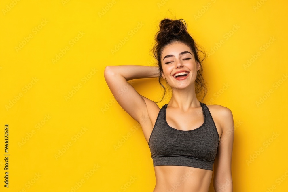 Woman in grey sports bra laughing with vibrant backdrop Woman in grey sports bra laughing with vibrant backdrop