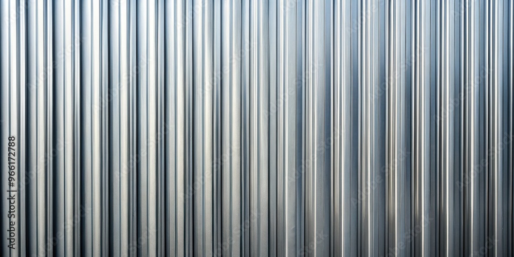 Metallic silver corrugated stripe sheet wall with vertical texture lines for industrial background or design concept