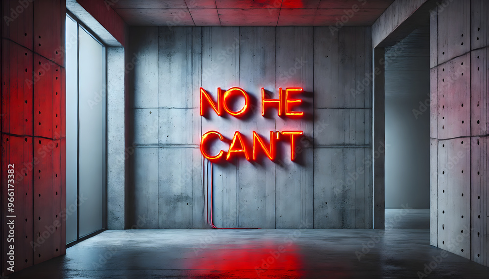 vibrant red neon sign 'NO HE CAN'T' in bold letters mounted on a cold gray concrete wall - Election – President – US – USA – Rejection – Feminism – Women's Rights – resistance – Political Statement
vibrant red neon sign 'NO HE CAN'T' in bold letters mounted on a cold gray concrete wall - Election – President – US – USA – Rejection – Feminism – Women's Rights – resistance – Political Statement