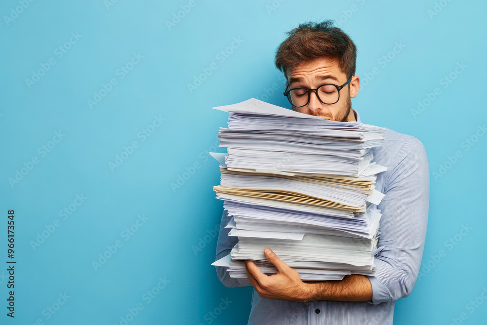 Person carrying a huge stack of papers, overwhelmed stance Person carrying a huge stack of papers, overwhelmed stance