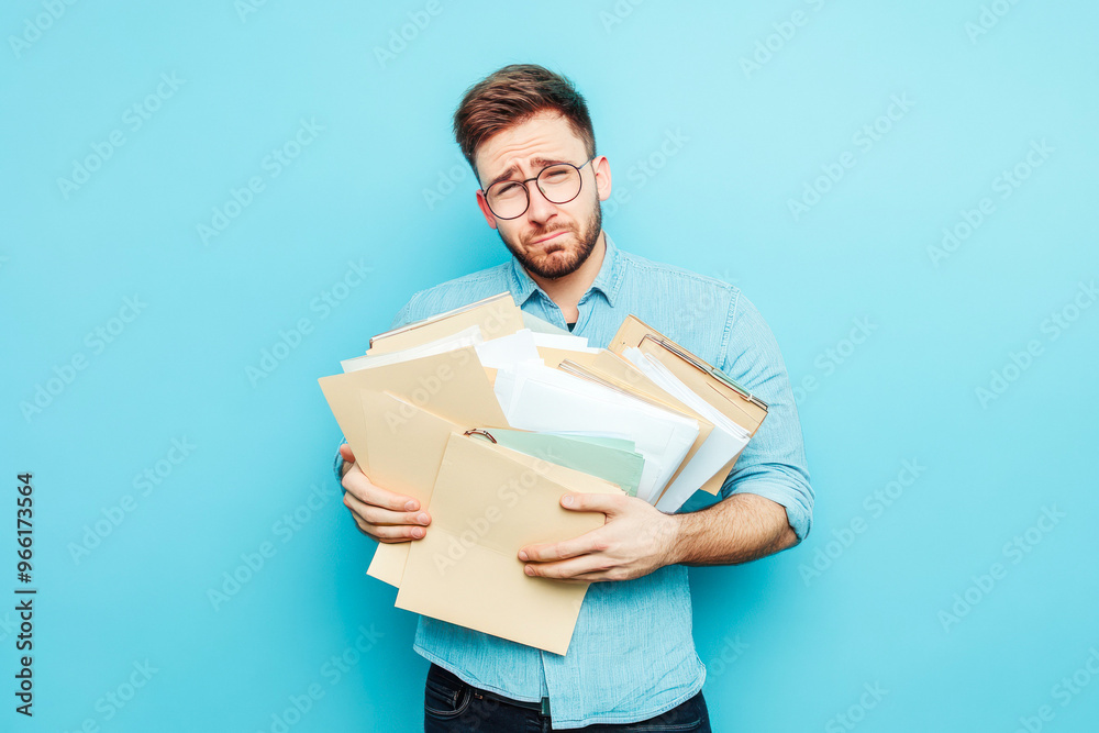 Man in casual denim shirt overwhelmed with office folders. Man in casual denim shirt overwhelmed with office folders.