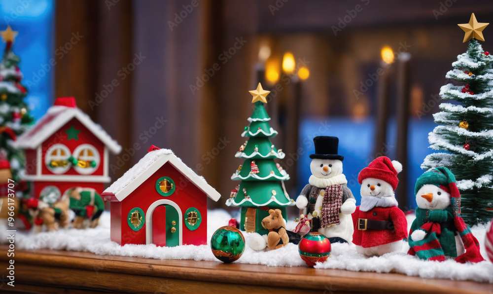 A festive tabletop scene with miniature houses, snowmen, and a Christmas tree A festive tabletop scene with miniature houses, snowmen, and a Christmas tree