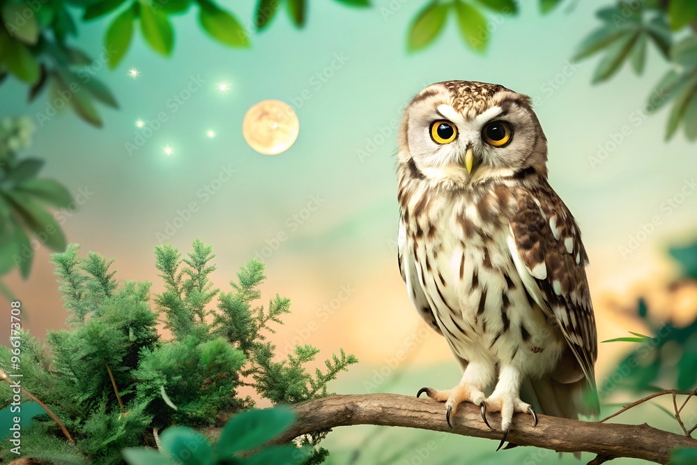 Owl perched on a branch in a dark forest Owl perched on a branch in a dark forest