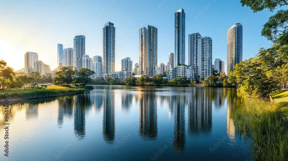 A daytime view of tall office buildings and luxury apartments along the riverbank, with the river reflecting the modern architecture and surrounding greenery. A daytime view of tall office buildings and luxury apartments along the riverbank, with the river reflecting the modern architecture and surrounding greenery.
