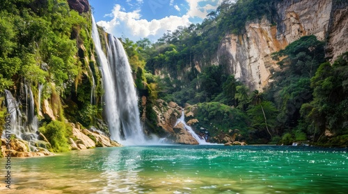 Waterfall and Pool in Lush Jungle