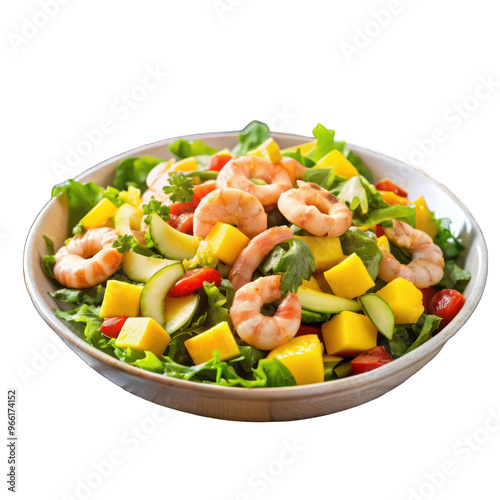 shrimps salad with mango and avocado on wooden table