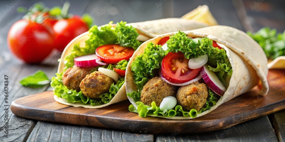 Close-Up of Delicious Falafel Wraps with Fresh Vegetables, Served on a Wooden Cutting Board, falafel wrap, middle eastern food, vegetarian food Close-Up of Delicious Falafel Wraps with Fresh Vegetables, Served on a Wooden Cutting Board, falafel wrap, middle eastern food, vegetarian food