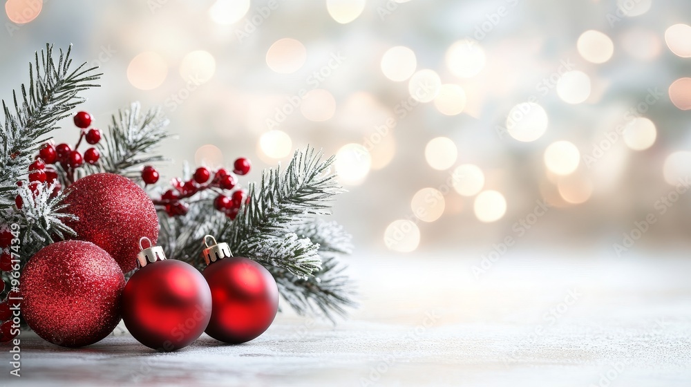 Obraz premium A beautiful holiday background featuring a snowy pine branch with red ornaments and red berries, set against a bokeh of twinkling lights. Perfect for holiday greetings, winter celebrations, and festiv
