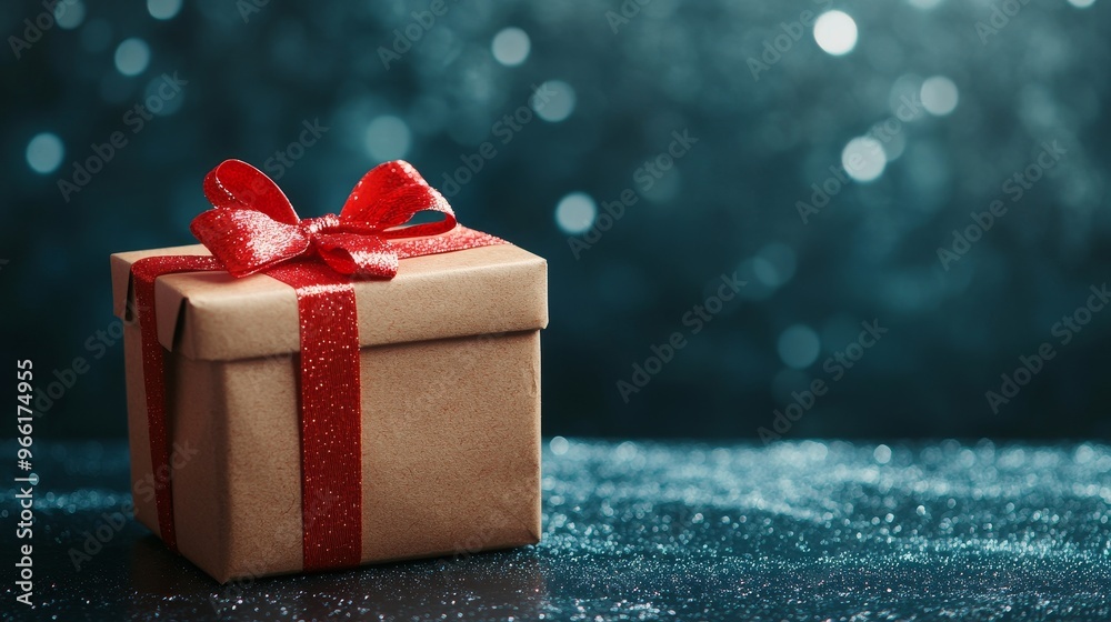 A beautifully wrapped gift box with a red ribbon sits on a sparkling blue background. The box is a symbol of celebration, love, and surprise. The sparkling background adds a touch of magic and excitem A beautifully wrapped gift box with a red ribbon sits on a sparkling blue background. The box is a symbol of celebration, love, and surprise. The sparkling background adds a touch of magic and excitem