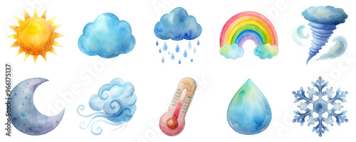 Weather icons including sun, clouds, rain, rainbow, tornado, moon, wind, water drop and snowflake in watercolor illustration set. Each element in soft pastel colors isolated on transparent background