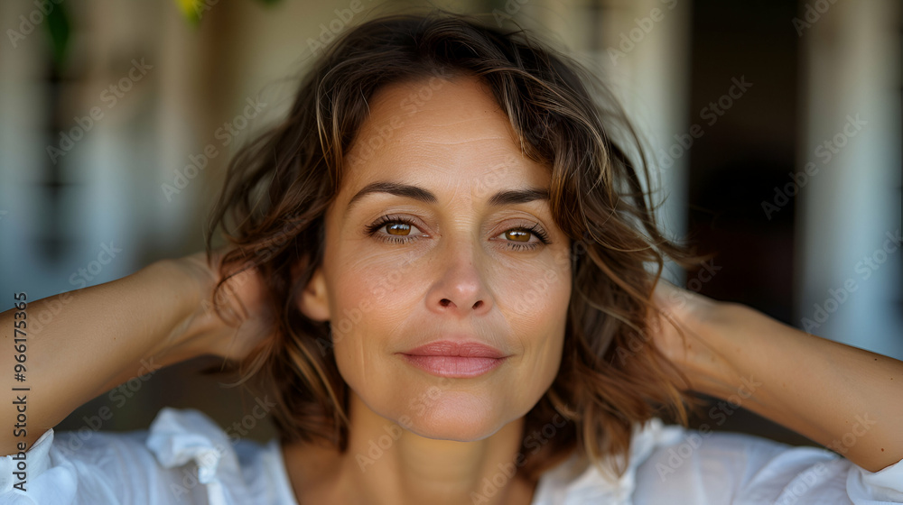 Portrait Adult Brown Hair Woman With Her Han
