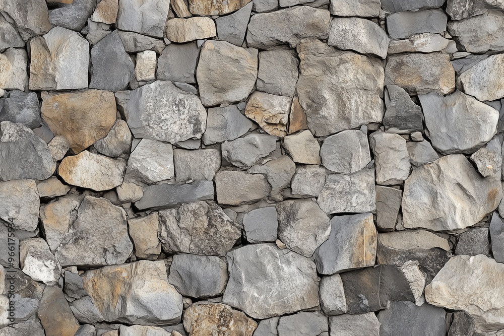 A textured wall made of various sizes and shapes of natural stones in shades of gray and beige, creating a rustic and sturdy appearance. A textured wall made of various sizes and shapes of natural stones in shades of gray and beige, creating a rustic and sturdy appearance.