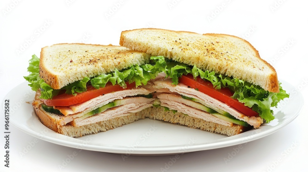 A delicious sandwich filled with fresh ingredients like lettuce, tomatoes, and turkey, neatly arranged on a white plate against a clean white background. A delicious sandwich filled with fresh ingredients like lettuce, tomatoes, and turkey, neatly arranged on a white plate against a clean white background.