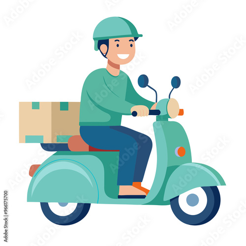 Cute scooter riding by delivery boy flat illustration