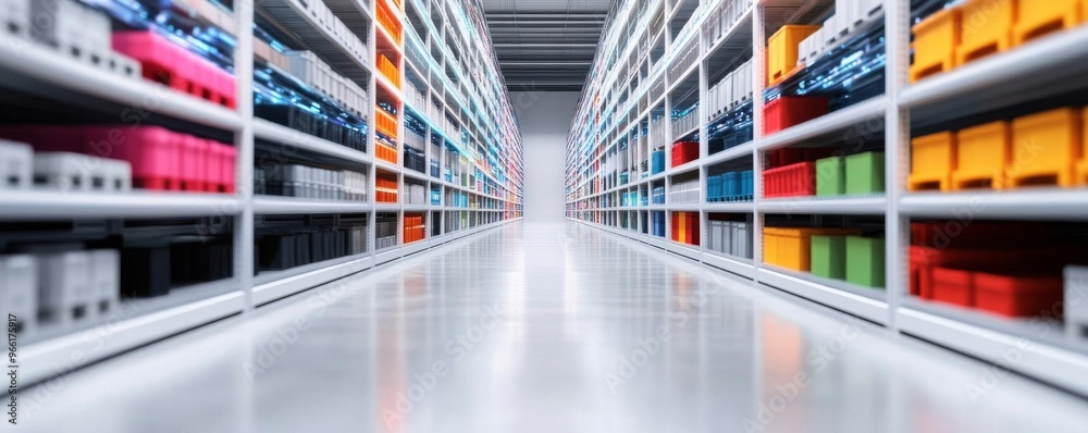 Modern warehouse with digital shelves that change colors, smart inventory systems Modern warehouse with digital shelves that change colors, smart inventory systems