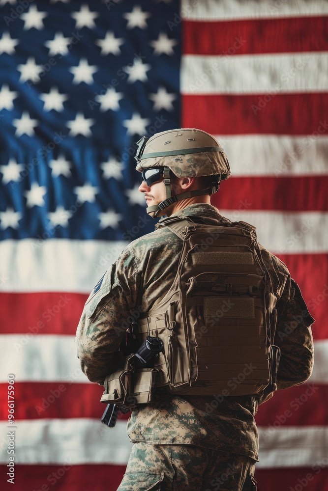 Helmeted soldier facing American flag with backpack on. Helmeted soldier facing American flag with backpack on.
