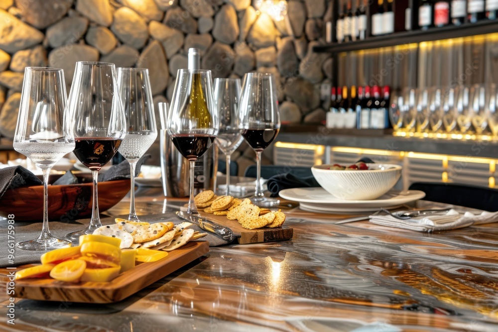 Beautiful table set for a wine taste at a bar Beautiful table set for a wine taste at a bar with glassware and snacks on the table Beautiful table set for a wine taste at a bar Beautiful table set for a wine taste at a bar with glassware and snacks on the table