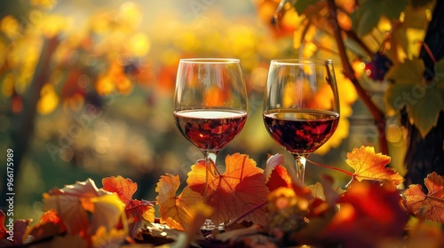 romantic wine tasting scene with two elegant glasses lush vineyard backdrop with autumnhued grape leaves creates a warm inviting atmosphere for an evening of indulgence photo