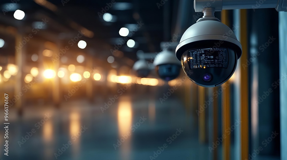 Nighttime warehouse scene with security cameras and digital monitors, modern safety measures Nighttime warehouse scene with security cameras and digital monitors, modern safety measures