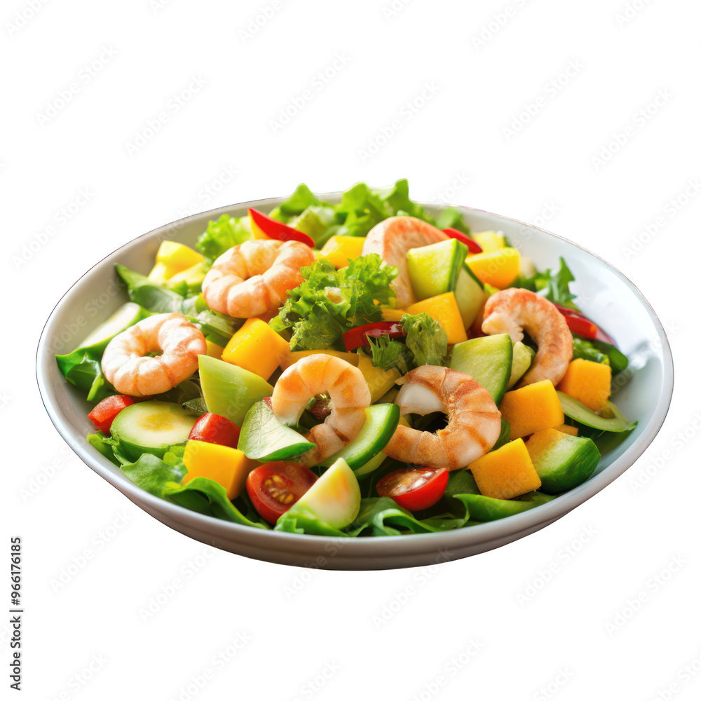shrimps salad with mango and avocado on wooden table shrimps salad with mango and avocado on wooden table