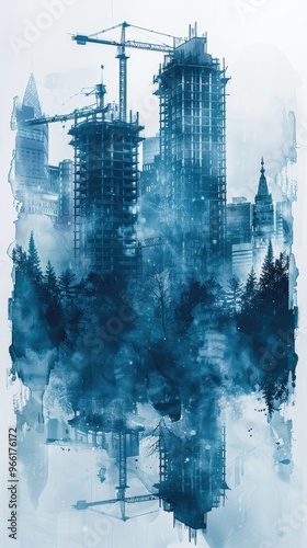 Blueprint of a construction site with cranes and a building in the background, double exposure, light blue color theme. photo