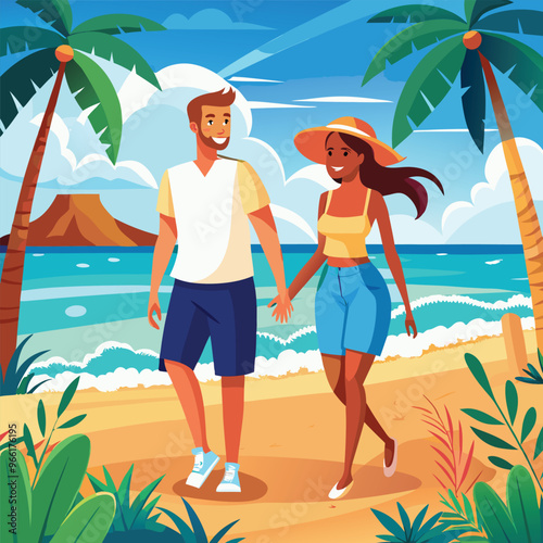 the summer season couple walking sea beach illustation vector file.eps