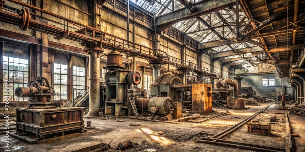 Abandoned factory with old equipment machinery rusting, unused, and covered in dust Abandoned factory with old equipment machinery rusting, unused, and covered in dust
