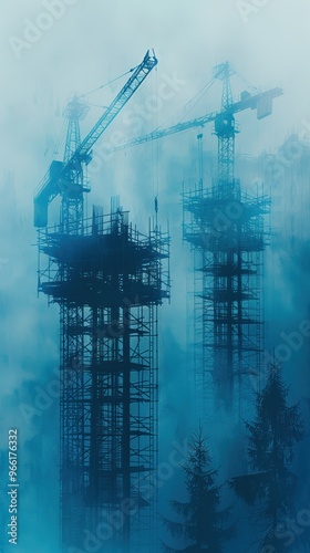 Blueprint of a construction site with cranes and a building in the background, double exposure, light blue color theme. photo