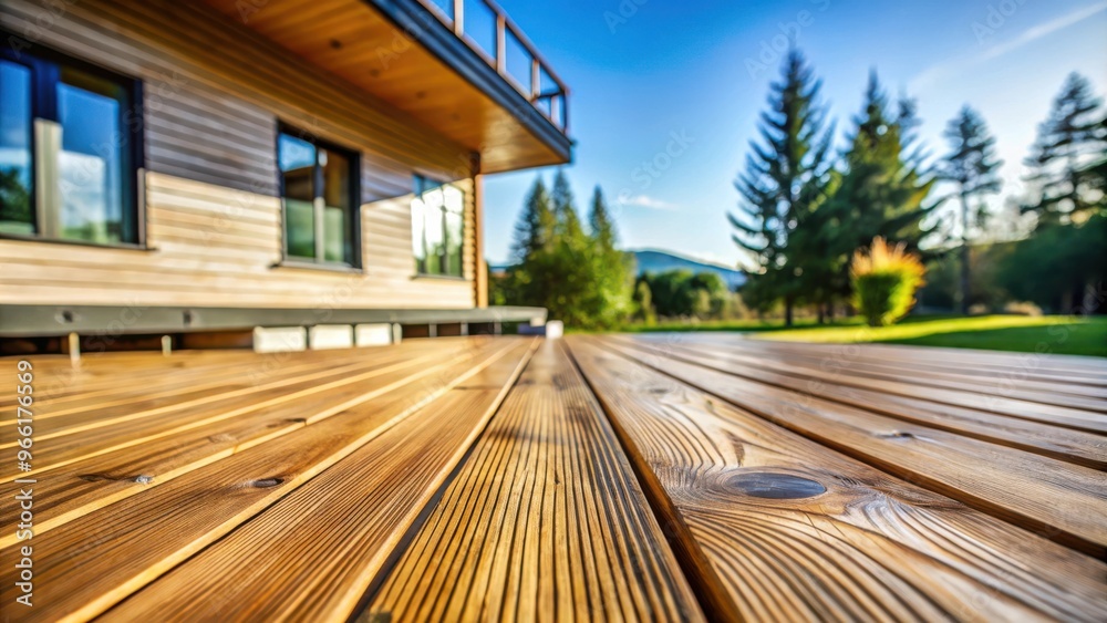 Exterior pine wooden floor bending from changing climate with blurred background of house Exterior pine wooden floor bending from changing climate with blurred background of house