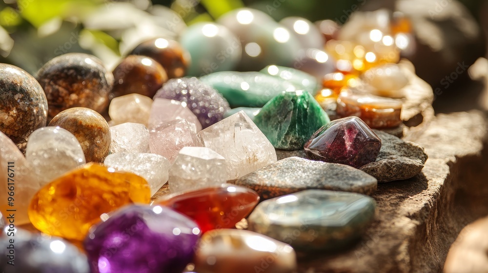 A captivating arrangement of assorted healing crystals and gemstones, showcasing their natural beauty and potential for energy work, meditation, and spiritual growth. The vibrant colors and unique tex A captivating arrangement of assorted healing crystals and gemstones, showcasing their natural beauty and potential for energy work, meditation, and spiritual growth. The vibrant colors and unique tex