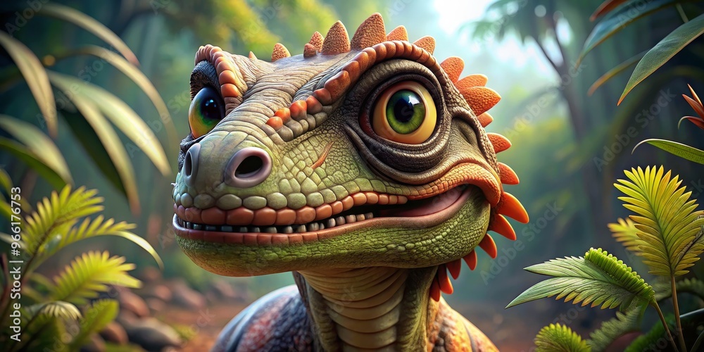 Obraz premium Curious Baby Dinosaur in Jungle, Digital 3D Illustration, Realistic Rendering, Jungle, Baby Dinosaur, Dinosaur