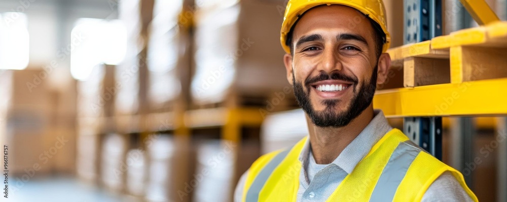 Portrait of a warehouse worker smiling, symbolizing the human side of logistics and hard work Portrait of a warehouse worker smiling, symbolizing the human side of logistics and hard work