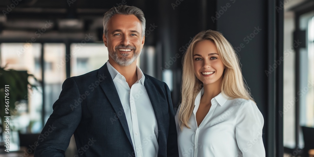 A man and a woman are posing for a picture in a room. The man is wearing a suit and the woman is wearing a white shirt. They both have smiles on their faces, giving the impression that they are happy A man and a woman are posing for a picture in a room. The man is wearing a suit and the woman is wearing a white shirt. They both have smiles on their faces, giving the impression that they are happy