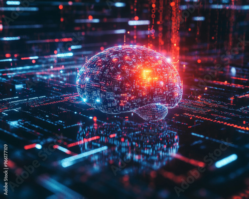 A digital brain floats in sea of vibrant data, illuminated by glowing lights and intricate patterns, symbolizing advanced technology and artificial intelligence