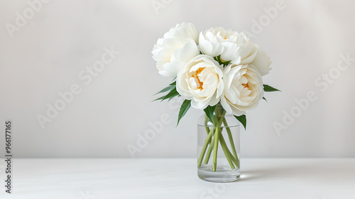 transparent vase with white peonies on a light gray background texture