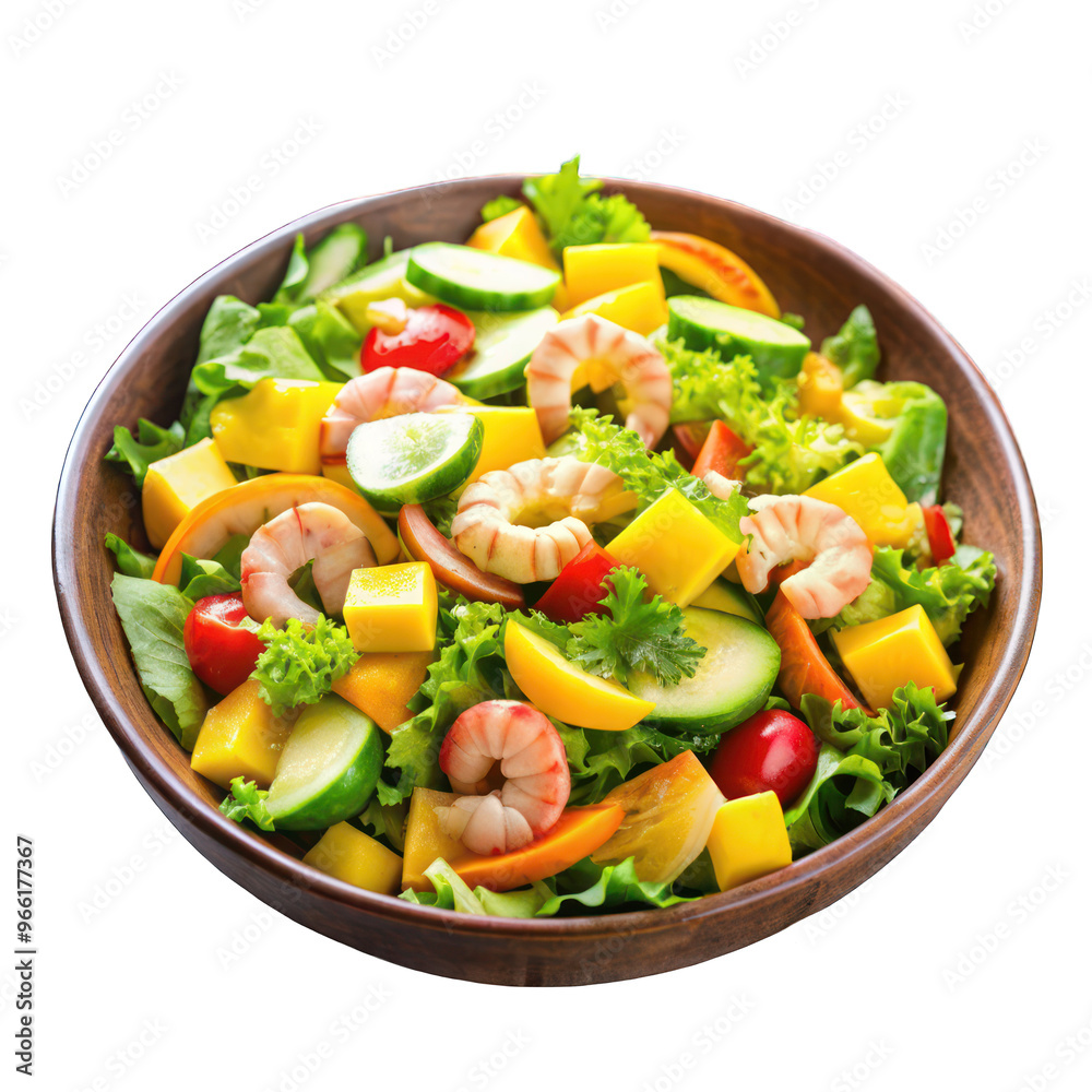 shrimps salad with mango and avocado on wooden table shrimps salad with mango and avocado on wooden table
