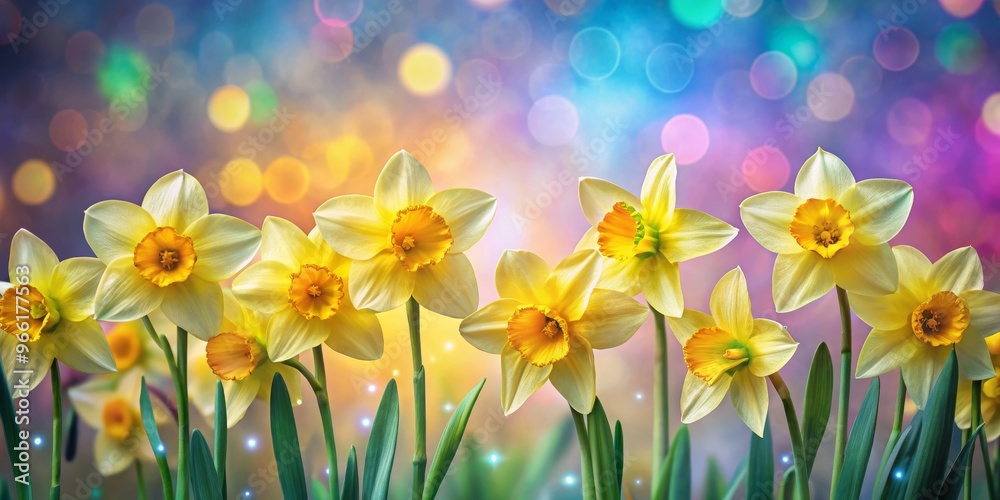 Daffodils in a Magical Garden, Yellow Flowers, Spring Bloom, Bokeh Background Daffodils in a Magical Garden, Yellow Flowers, Spring Bloom, Bokeh Background