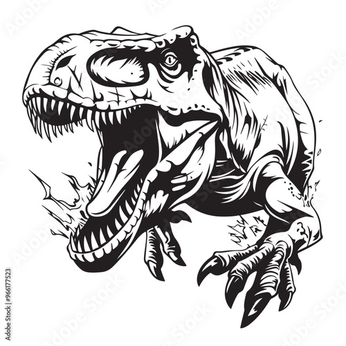 Black and white T Rex Attack Stock Vectors. T Rex Attack Illustration on white background