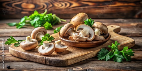 Freshly sliced earthy mushroom on a rustic wooden cutting board, garnished with sprigs of parsley, against a muted photo