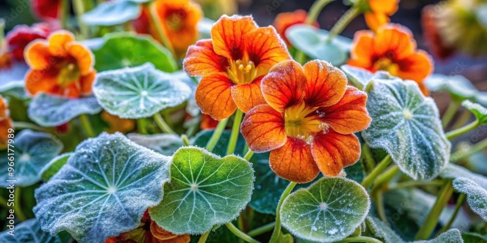 Frost-covered nasturtium flowers in a backyard garden